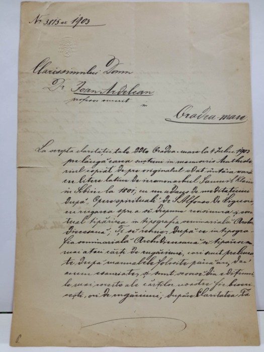 Autograf VICTOR MIHALYI, Mitropolit rom&acirc;n unit dela Blaj, pe o scrisoare,1905