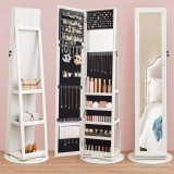 SONGMICS Dulap pentru bijuterii rotativ 360&deg; cu oglinda, rafturi spate si incuietoare, MDF si sticla, 55x55x161 cm, gri stejar deschis