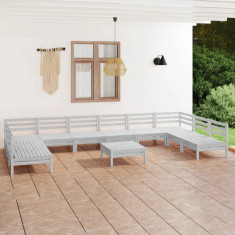 vidaXL Set mobilier grădină, 11 piese, alb, lemn masiv pin