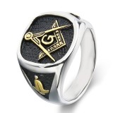 Inel Masonic Argintiu cu Simboluri Aurii din Otel Inoxidabil MM635