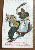 CPISTR7 Ilustrata Veche Caricatura Umor Germana Femeie Matura Sot / Vintage German Humorous Caricature Postcard Angry Wife Beating Husband