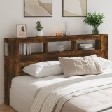Tablie Pat LED Stejar Fumuriu 220cm Lemn Prelucrat Suport Spate Depozitare Obiecte Decorative