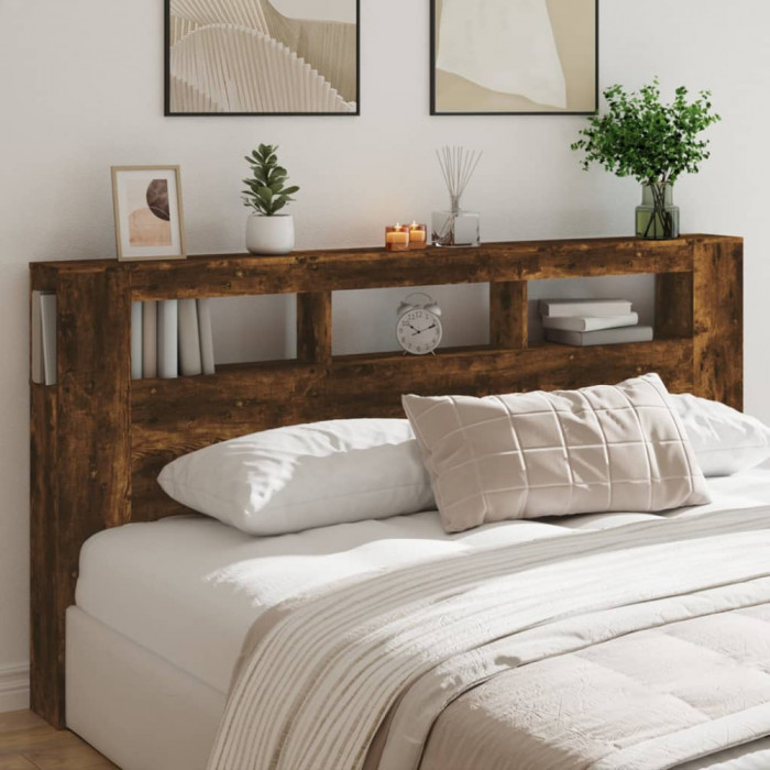 Tablie de pat cu LED, stejar fumuriu, 220x18,5x103,5 cm, lemn GartenMobel Dekor