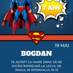 Set 10 invitatii aniversare aniversare baieti, cu plicuri, model Superman