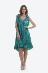 Rochie asimetrica ampla turcoaz cu bretele funda