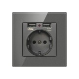 Priza de Perete cu 2 Porturi USB si Rama din Sticla Techstar&reg; TS-GL, 110-250V, 16A, Ignifuga, 86x86mm, Gri, 1