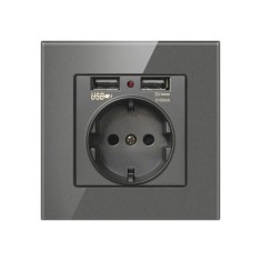 Priza de Perete cu 2 Porturi USB si Rama din Sticla Techstar&reg; TS-GL, 110-250V, 16A, Ignifuga, 86x86mm, Gri