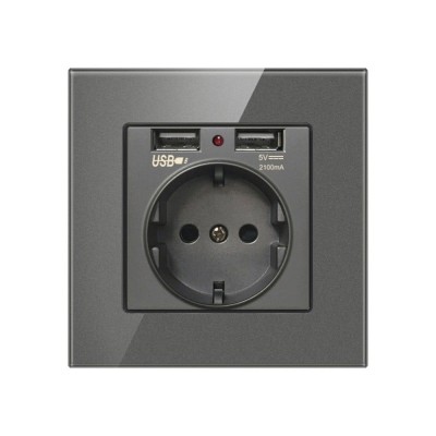 Priza de Perete cu 2 Porturi USB si Rama din Sticla Techstar&amp;reg; TS-GL, 110-250V, 16A, Ignifuga, 86x86mm, Gri foto