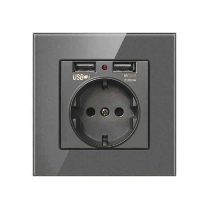 Priza de Perete cu 2 Porturi USB si Rama din Sticla Techstar&reg; TS-GL, 110-250V, 16A, Ignifuga, 86x86mm, Gri