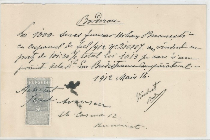 Romania, Borderou, 1912