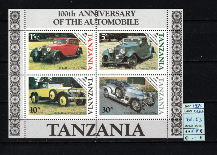 Tanzania, 1986 | Automobil - Celebrare 100 de ani - Maşini de epocă | MNH | aph