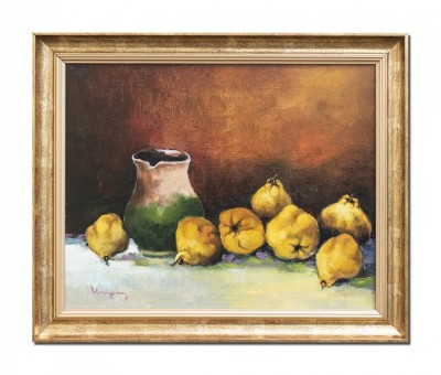 Tablou cu gutui si ulcica pictat manual inramat, 60x50cm ulei pe panza, Geo Ungureanu foto