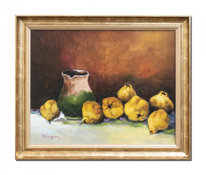 Tablou cu gutui si ulcica pictat manual inramat, 60x50cm ulei pe panza, Geo Ungureanu
