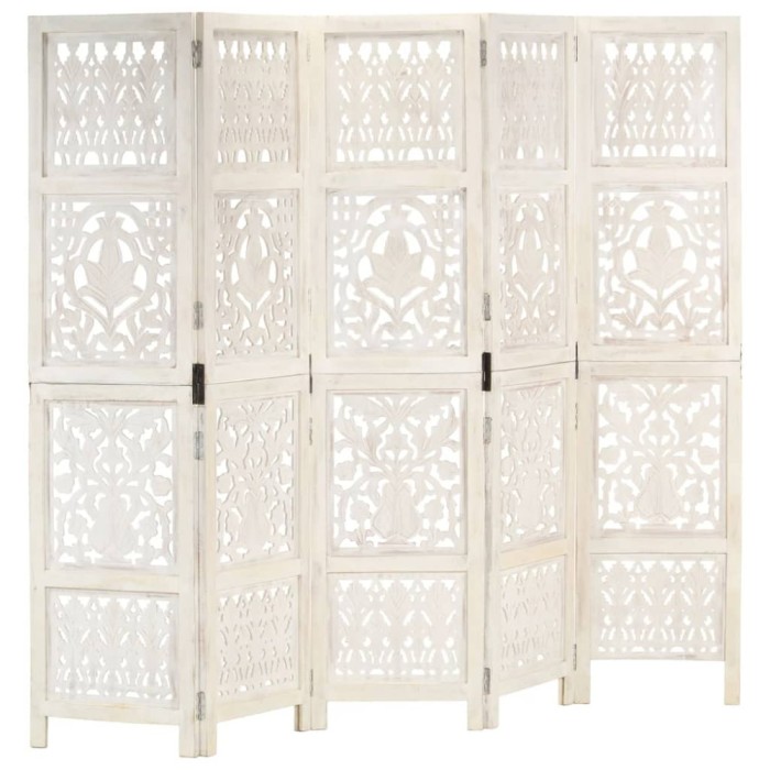 Paravan cameră sculptat manual 5 panouri alb 200x165 cm mango