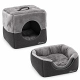Culcus 2 in 1 pentru pisici si caini de talie mica,transformabil din casuta inchisa in patut deschis prin pliere,suprafata moale din blanita de poli