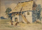 Tablou 1942, lucrare veche, Letiția Muntean (1902 - 1979), Casă Tărănească, acuarelă, 23x18 / 15x11, Scoala de la Baia Mare, artă rom&acirc;nească