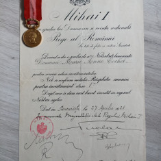 Brevetul + medalia Rasplata Muncii pt Invatamant cls 1, acordat in 1928, Regenta