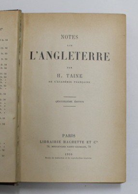 NOTES SUR L &amp;#039;ANGLETERRE par H. TAINE , 1910 foto