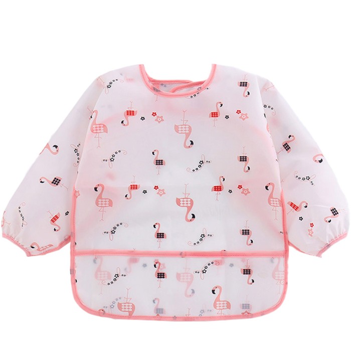 Baveta cu maneci lungi pentru bebelusi, impermeabil, model flamingo, usor de curatat, cu buzunar
