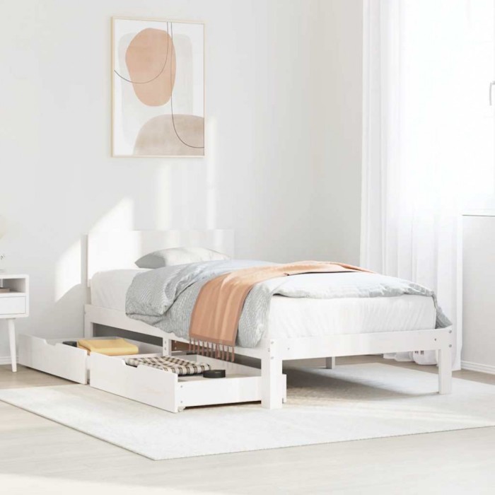 vidaXL Cadru de pat cu sertare, alb, 90x190 cm, lemn masiv de pin