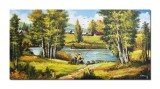 Cumpara ieftin Tablou peisaj rural pictat manual, La pescuit, 120x60cm ulei pe panza, Constantin Feraru