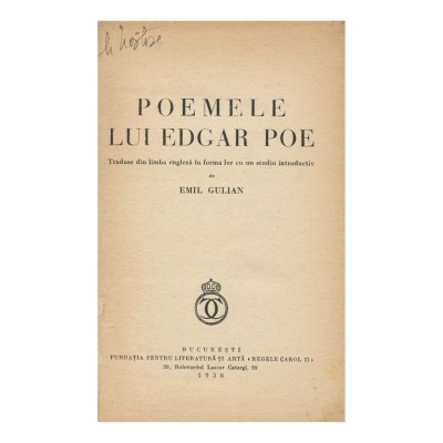 Emil Gulian, Poemele lui Edgar Poe, 1938, cu dedicație foto