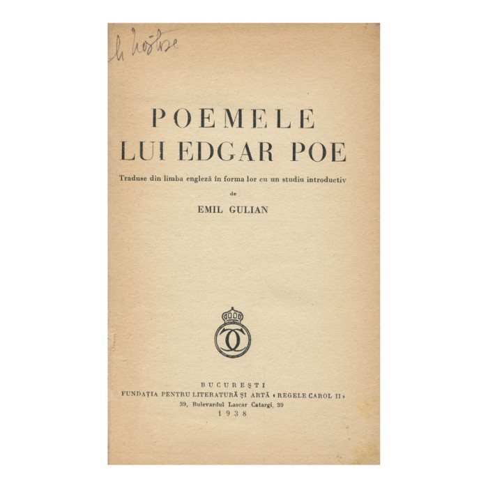 Emil Gulian, Poemele lui Edgar Poe, 1938, cu dedicație