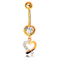 Piercing pentru buric din aur 9K - inima din zirconiu, contur de inima cu o jumatate stralucitoare foto