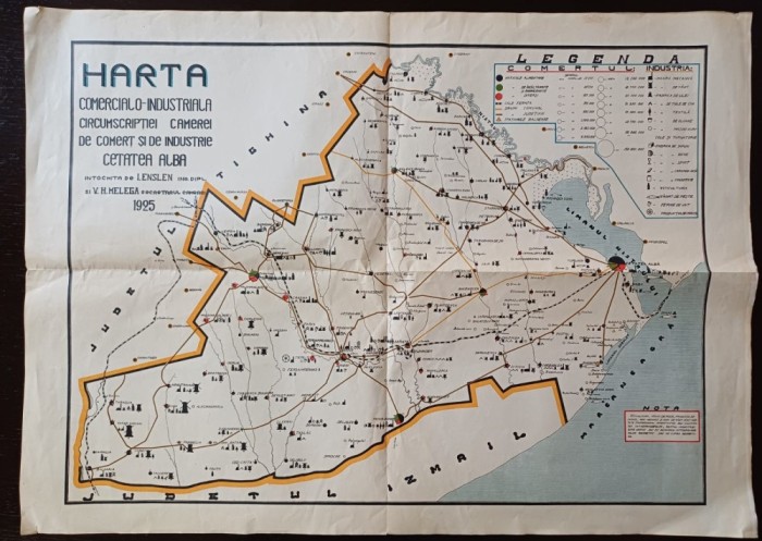 A3393N Harta comercialo-industrială circumscripției Camerei de Comerți și Industrie Cetatea Albă &icirc;ntocmită de Lenslen și Melega, 1925