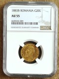 Moneda AUR 20 lei 1883, Carol I, certificata de NGC cu gradul AU55