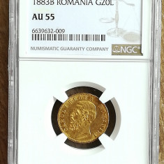 Moneda AUR 20 lei 1883, Carol I, certificata de NGC cu gradul AU55