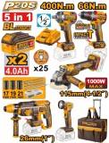 Set scule electrice INGCO CKLI2059E, 20V, 5 piese brushless, filetanta impact 400Nm, bormasina 66Nm, rotopercutor SDS Plus 2.5J, flex 115mm 1000W, lan