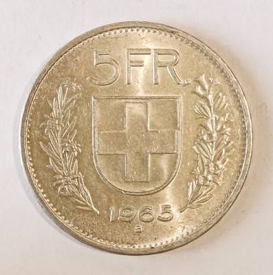 ELVETIA 5 FRANCI 1965 ARGINT AUNC UNC CU LUCIU ( CITITI DESCRIEREA ) foto