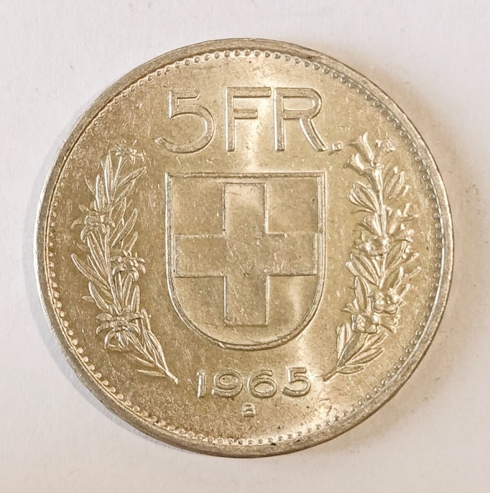 ELVETIA 5 FRANCI 1965 ARGINT AUNC UNC CU LUCIU ( CITITI DESCRIEREA )