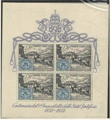 Vatican 1952 Mi 188 C bl 1 MNH - 100 de ani de timbre foto