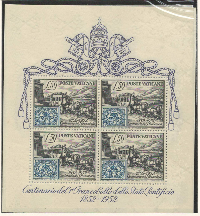 Vatican 1952 Mi 188 C bl 1 MNH - 100 de ani de timbre