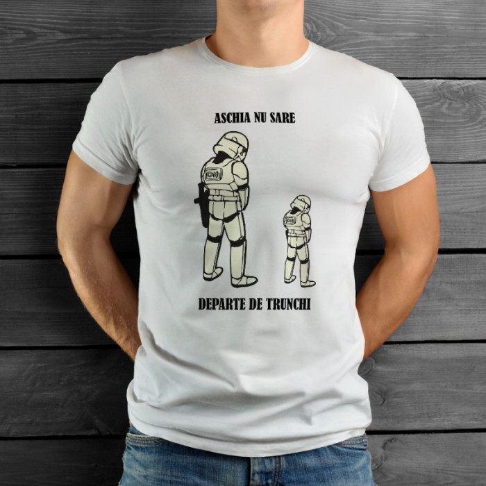 Tricou personalizat barbat &quot;Stormtrooper Aschia nu sare departe de trunchi&quot;, Alb, Bumbac, Marime L