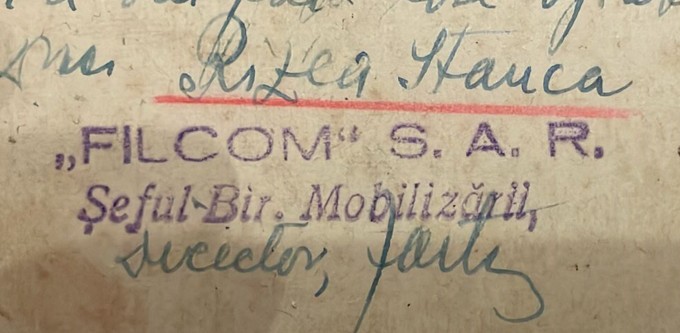 Anii 40, Foto FILCOM S.A.R. Bucuresti / industrie romaneasca interbelica, Societate Anonima Romana / Stanca Rizea Sef Birou Mobilizari / razboi