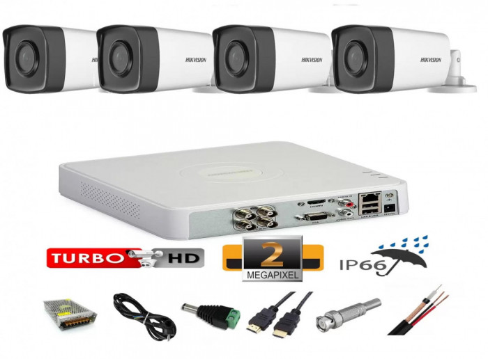 Sistem supraveghere video profesional exterior 4 camere 2MP Hikvision Turbo HD 40m IR full accesorii accesorii, internet SafetyGuard Surveillance