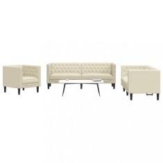 vidaXL Set canapele Chesterfield cu 3 locuri, crem, piele eco.