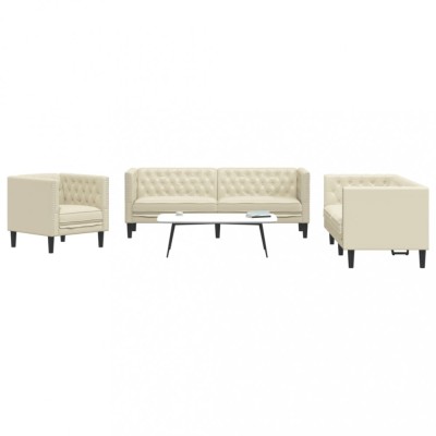 vidaXL Set canapele Chesterfield cu 3 locuri, crem, piele eco. foto