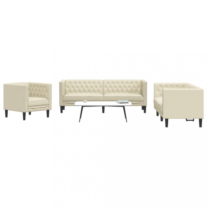 vidaXL Set canapele Chesterfield cu 3 locuri, crem, piele eco.