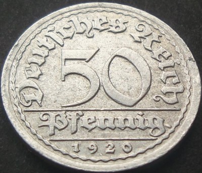 Moneda istorica 50 PFENNIG - IMPERIUL GERMAN, anul 1920 *cod 1426 = lit. J foto