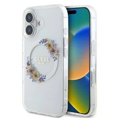 Husa pentru iPhone 16 - Guess IML Flowers Wreath MagSafe (GUHMP16SHFWFCT) - Clear foto