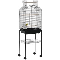 PawHut Colivie pentru Pasari cu 3 Stinghii, 2 Boluri si 2 Usi Laterale, Colivie pentru Animale din Otel, PP si Lemn, 46x36x130 cm, Neagra