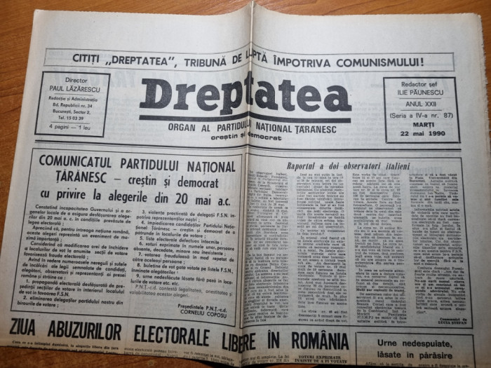 dreptatea 22 mai 1990- abuzurile electoral,comunicatul partidului taranesc