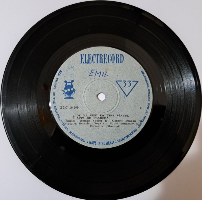 Disc vinil Mondial - Romanță Fără Ecou / Primăvara / De Va Veni La Tine V&icirc;ntul / At&icirc;t De Fragedă (7&quot;) Electrecord- EDC 10.109