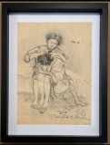 Cumpara ieftin Tablou 1963 Scena dupa baie grafica in carbune inramat 33x43cm, Scene gen, Realism