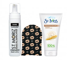 Pachet complet pentru autobronzare profesionala ST MORIZ cu Spuma Dark, Manusa si Exfoliant ST IVES foto