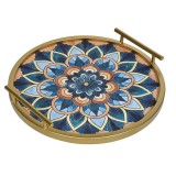 Tava Metalica Rotunda Aurie Bleu cu Model Mandala si Manere &Oslash;35cm